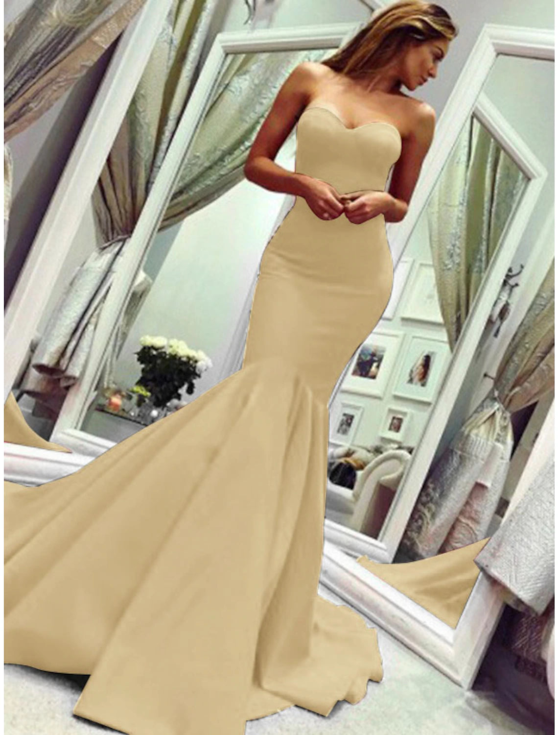 Meerjungfrau-Partykleid, minimalistisch, sexy, für Hochzeitsgäste, formeller Abend, Valentinstagskleid, trägerlos, ärmellos, Hofschleppe, Stretchstoff mit Falten